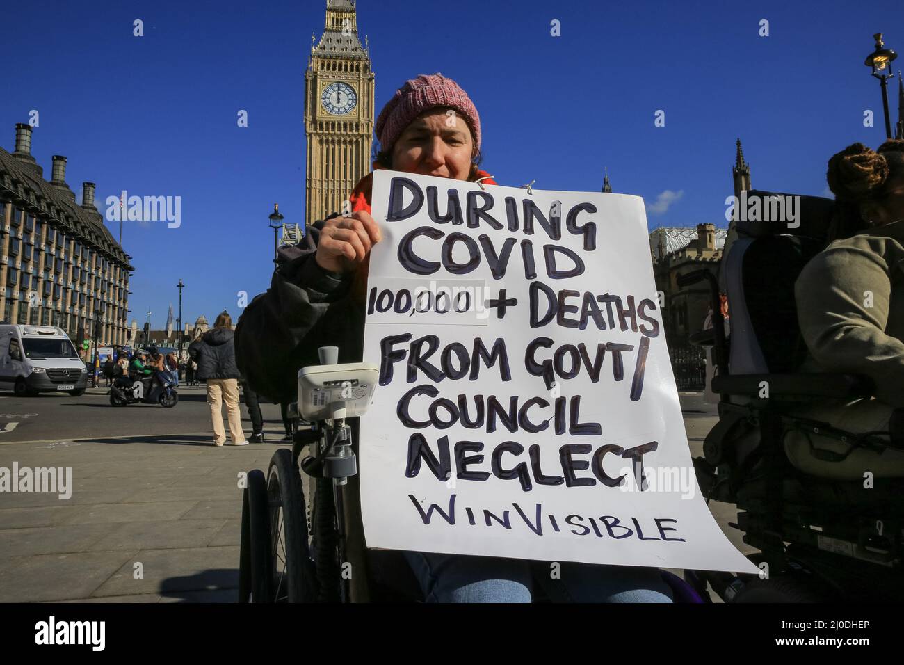 London, UK. 18th Mar, 2022. Protesters on Parliament Square. A rally organised by the Disabled People's Direct Action Networks see people protesting against what they perceive as a failure by government to protect disabled people adequately during the ongoing covid pandemic. Credit: Imageplotter/Alamy Live News Stock Photo