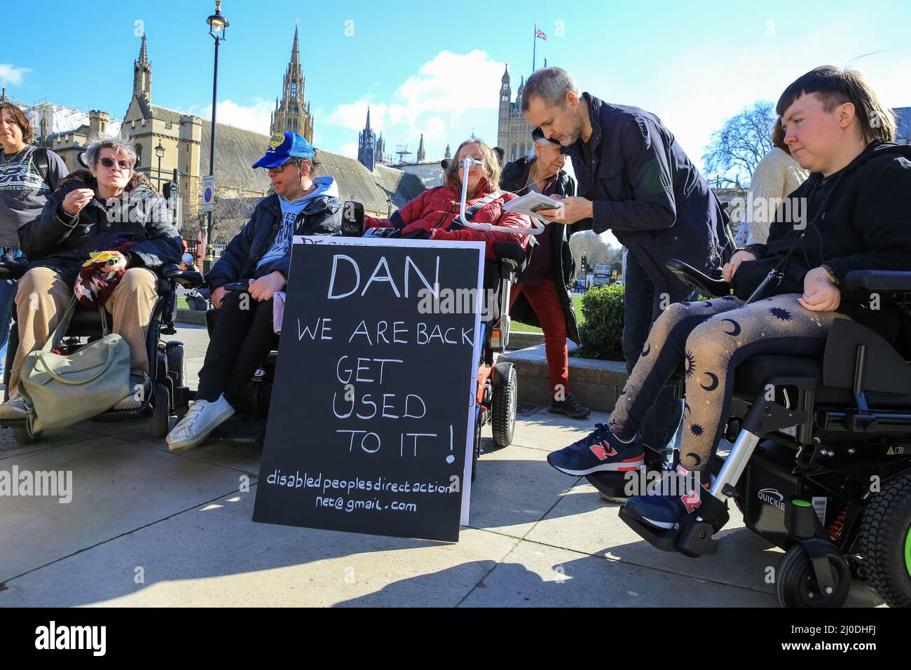 London, UK. 18th Mar, 2022. Protesters on Parliament Square. A rally organised by the Disabled People's Direct Action Networks see people protesting against what they perceive as a failure by government to protect disabled people adequately during the ongoing covid pandemic. Credit: Imageplotter/Alamy Live News Stock Photo