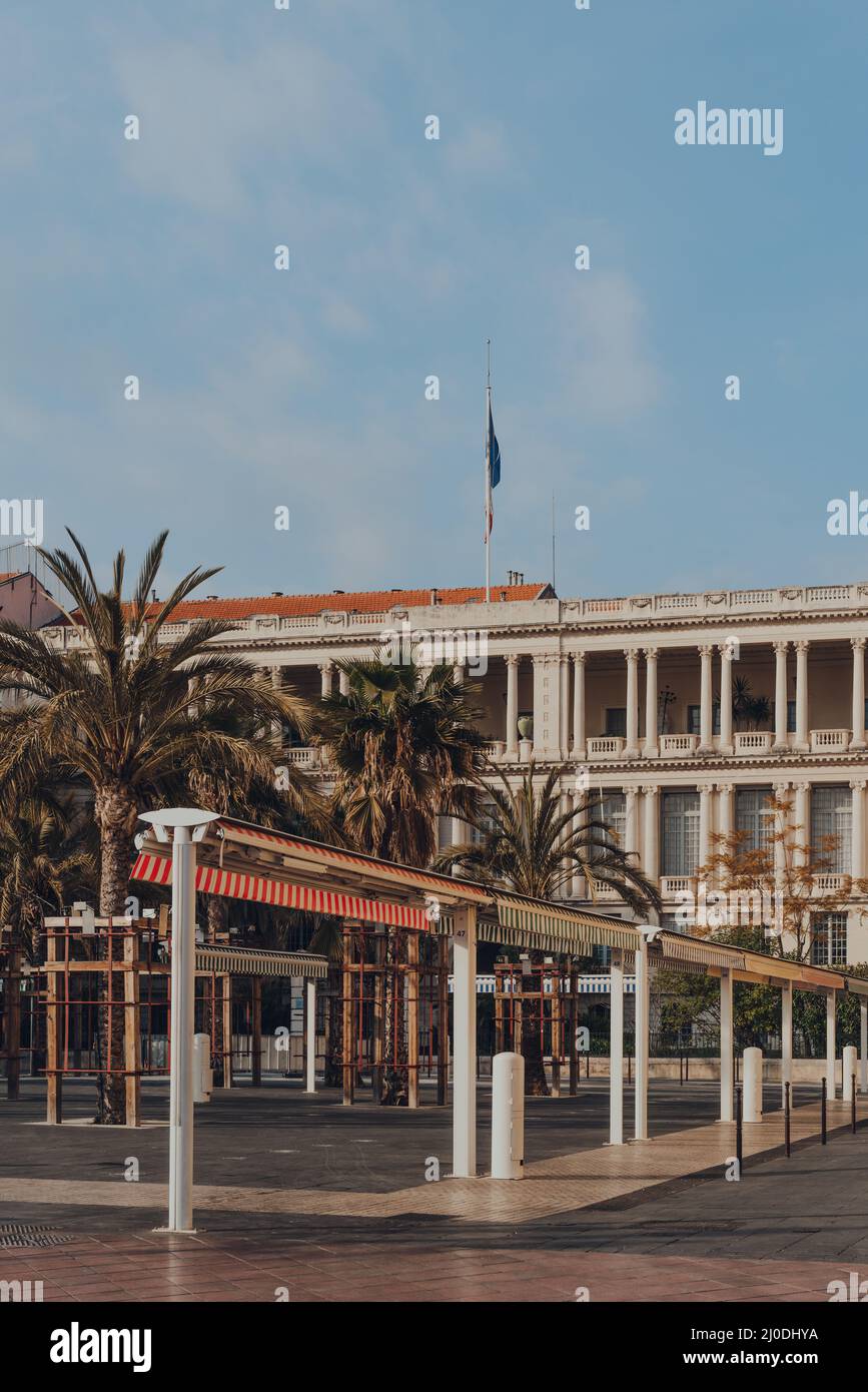 Nice, France March 10, 2022 Empty market stalls on Cours Saleya, the