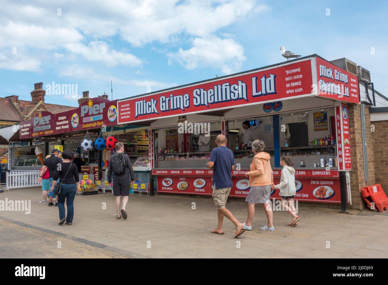 The Mick Grime Shellfish stall in Scarborough, a seaside resort on the North Sea in North Yorkshire, UK Stock Photo
