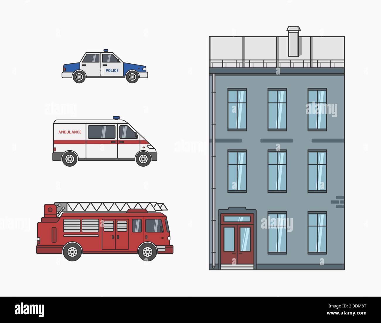 emergency services fire engine, ambulance and police car near an apartment house flat vector illustration Stock Vector
