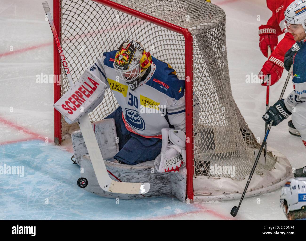 Lausanne, Vaudoise Arena, Switzerland. 18th Mar, 2022: Janne Juvonen (goalkeeper) of HC Ambri-Piotta (30) is in action during the Pre-playoffs, Acte 1 of the 2021-2022 Swiss National League Season with the Lausanne HC and HC Ambri-Piotta. Credit: Eric Dubost/Alamy Live News Stock Photo
