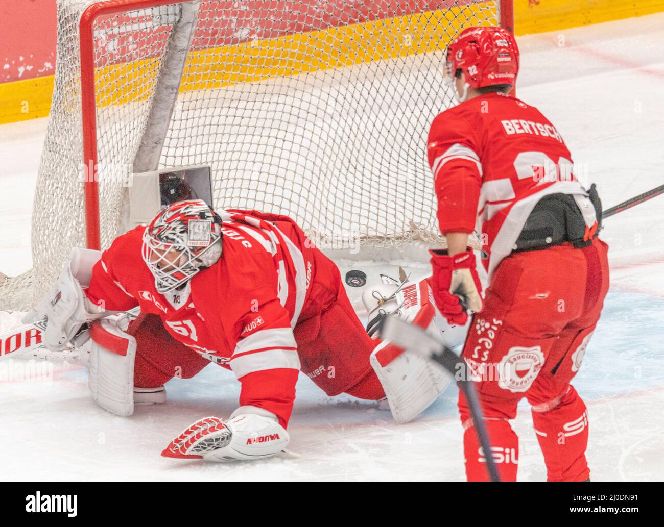 Lausanne, Vaudoise Arena, Switzerland. 18th Mar, 2022: Tobias Stephan (goalkeeper) of Lausanne Hc (51) concedes a goal during the Pre-playoffs, Acte 1 of the 2021-2022 Swiss National League Season with the Lausanne HC and HC Ambri-Piotta. Credit: Eric Dubost/Alamy Live News Stock Photo