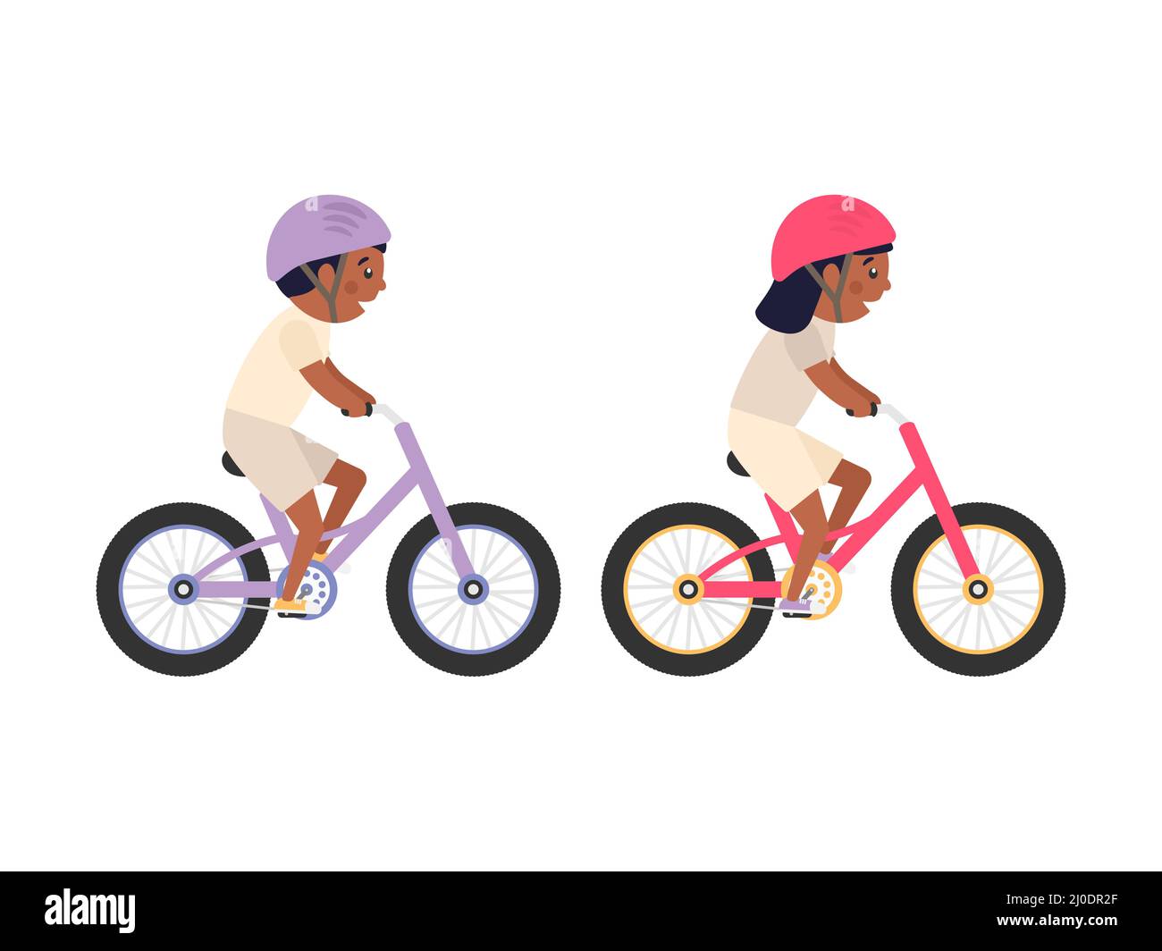 Cute happy American children riding bicycles. African girl and boy ride bikes. Healthy lifestyle. Stock Vector