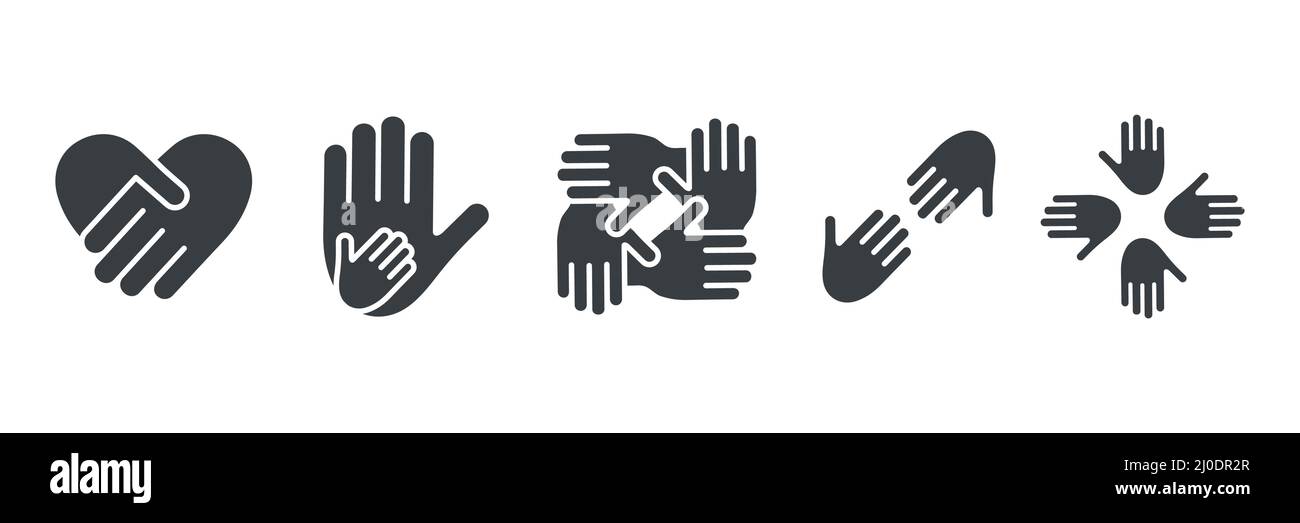 Friendship arms line symbols collection. Business teamwork pictogram. Black outline hands together set. Stock Vector