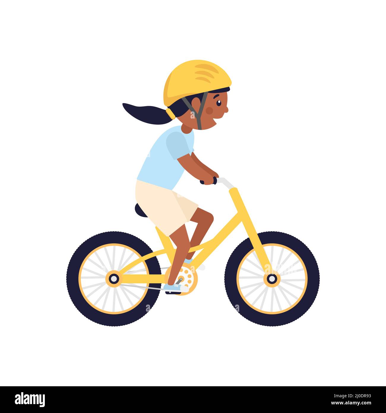 Cute happy American girl with yellow helmet riding bicycle. African child rides modern bike. Stock Vector