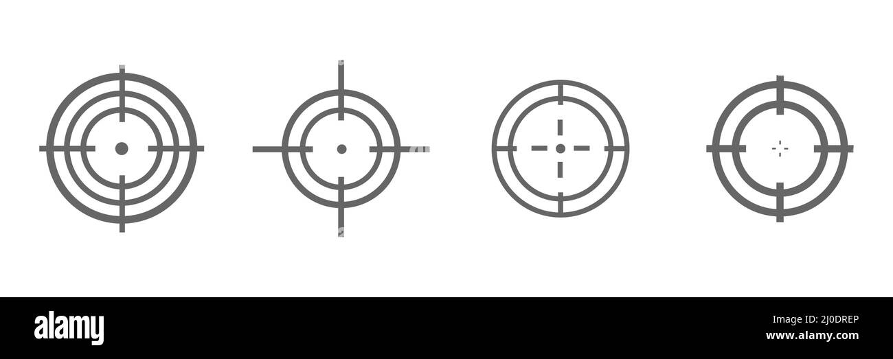 Target destination icon large set. Focus cursor bull eye mark elements. Aim sniper shoot big group symbols. Stock Vector