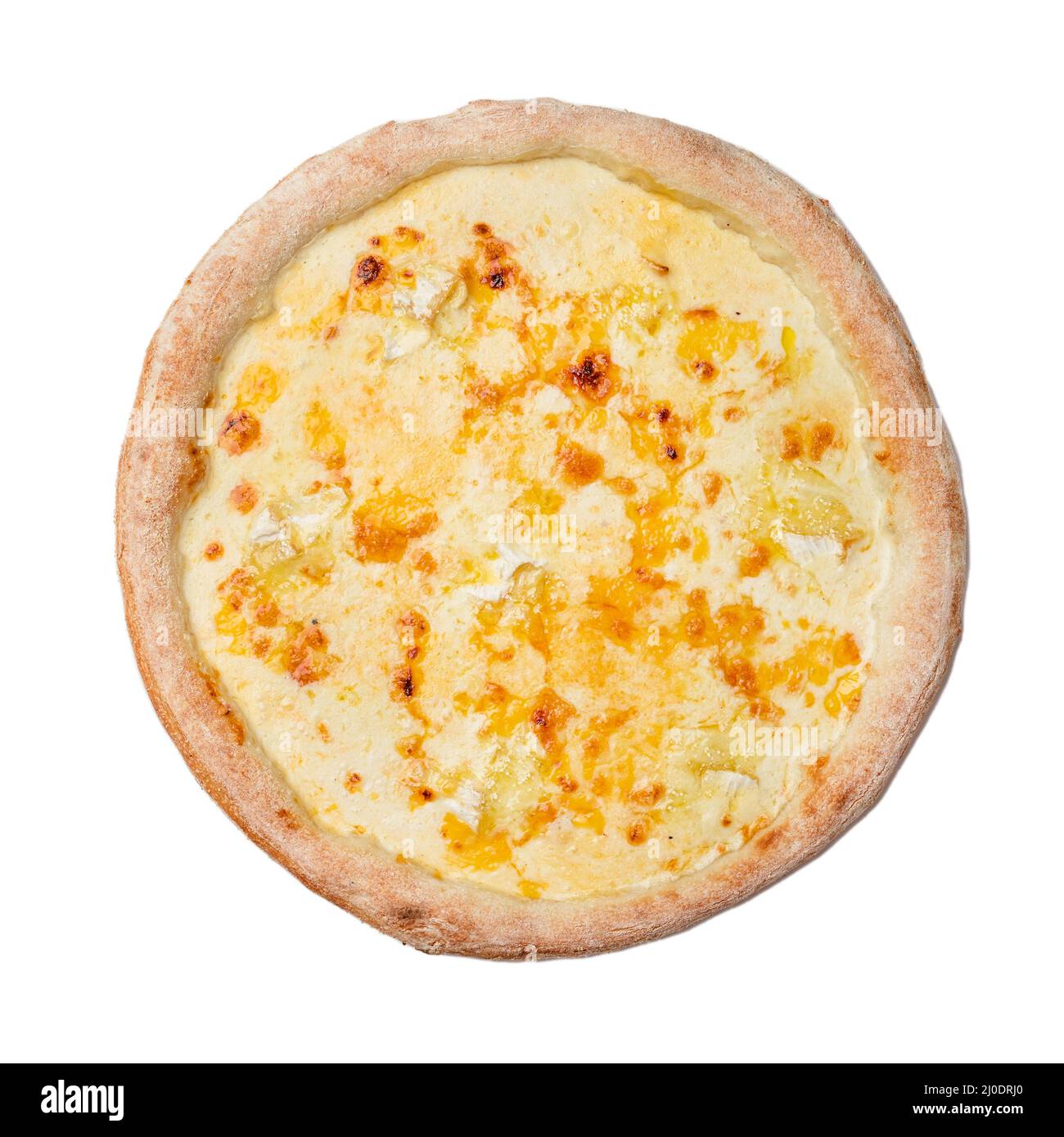 Pizza Four Cheese with Mozzarella, gouda, camembert, cheddar and creamy sauce. Isolated on white