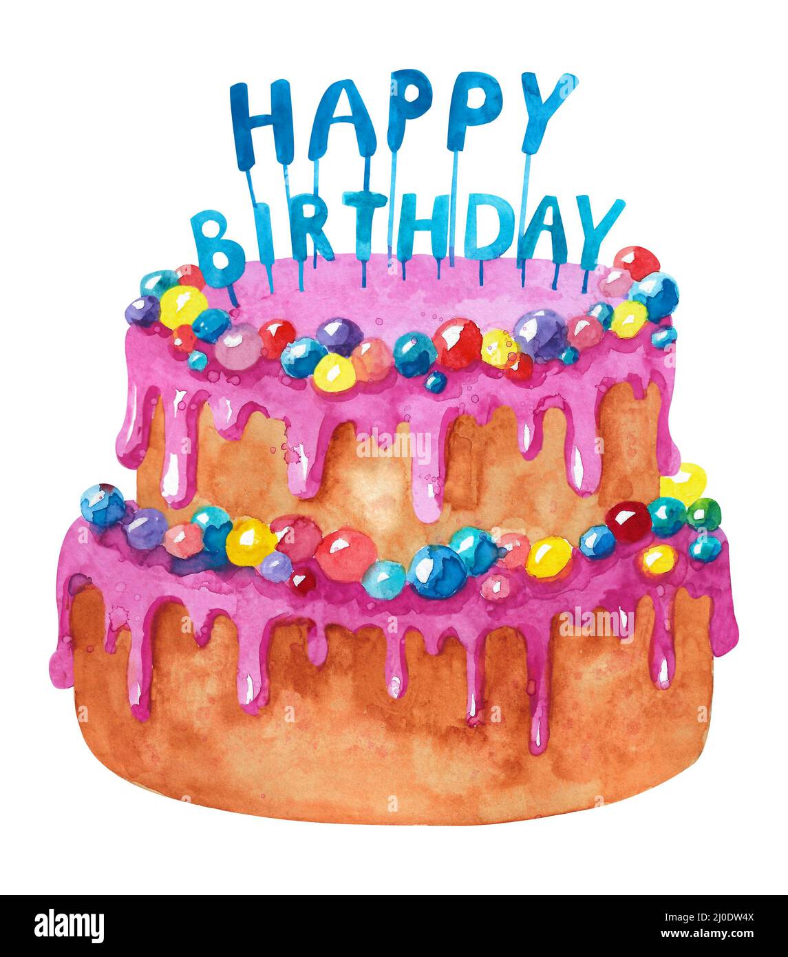Watercolor pink cake. Cake in a pink package with sprinkles Stock Photo