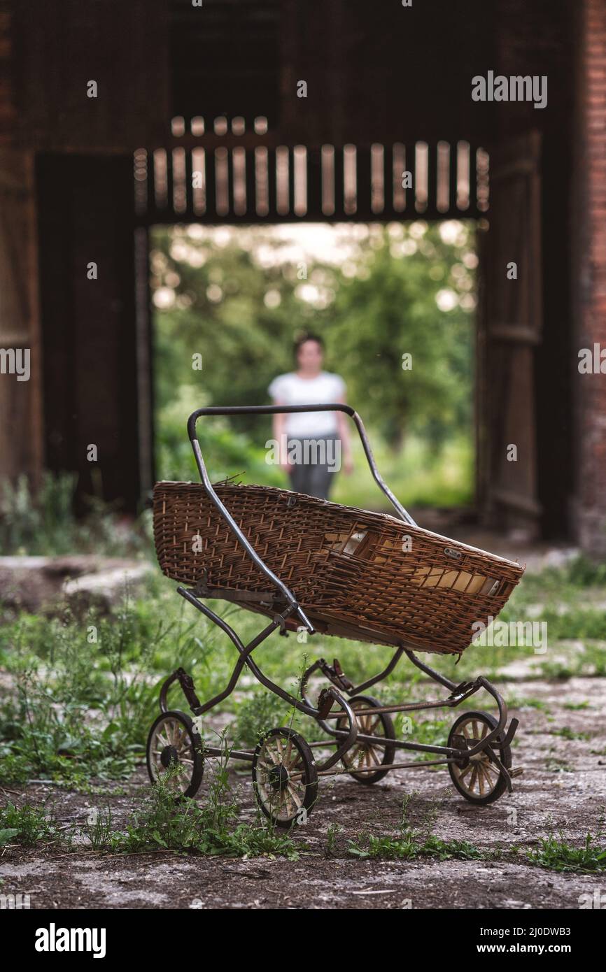 Old antique baby carriage. Stock Photo