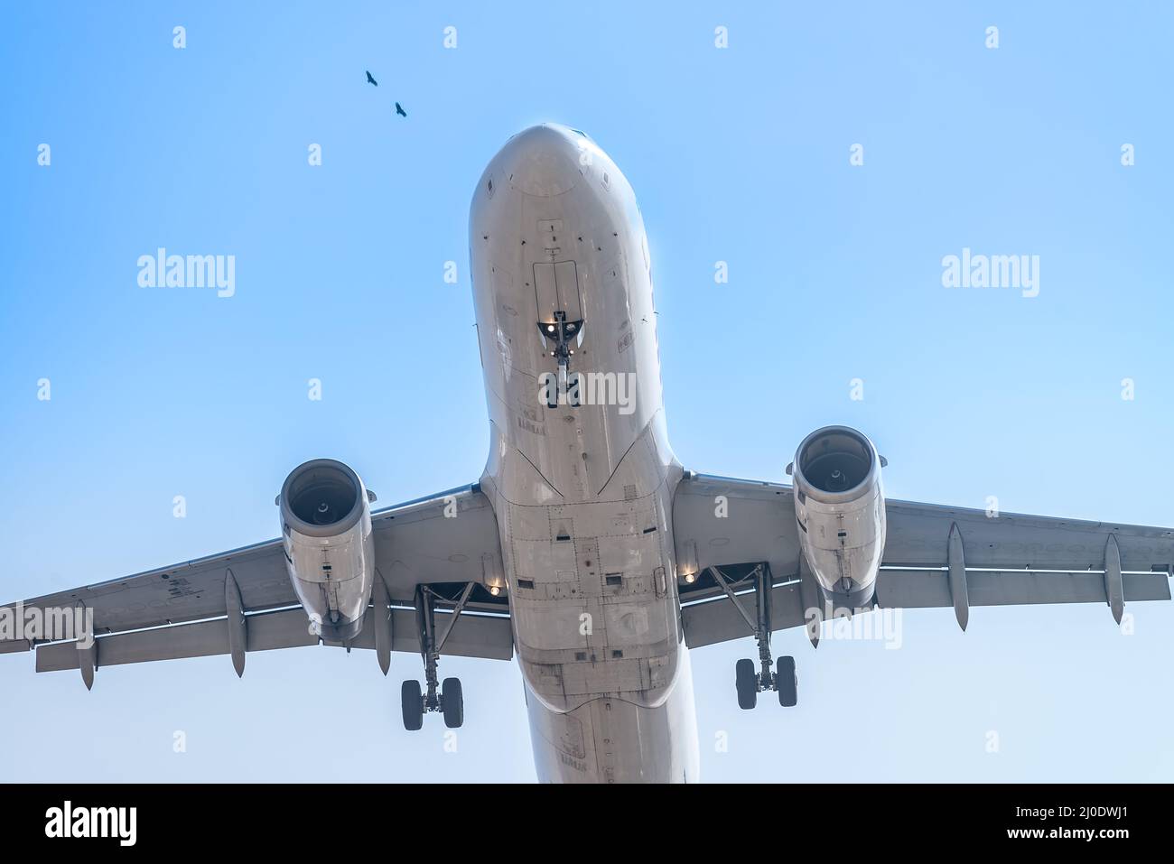 Big airplane flying with the land gear down Stock Photo