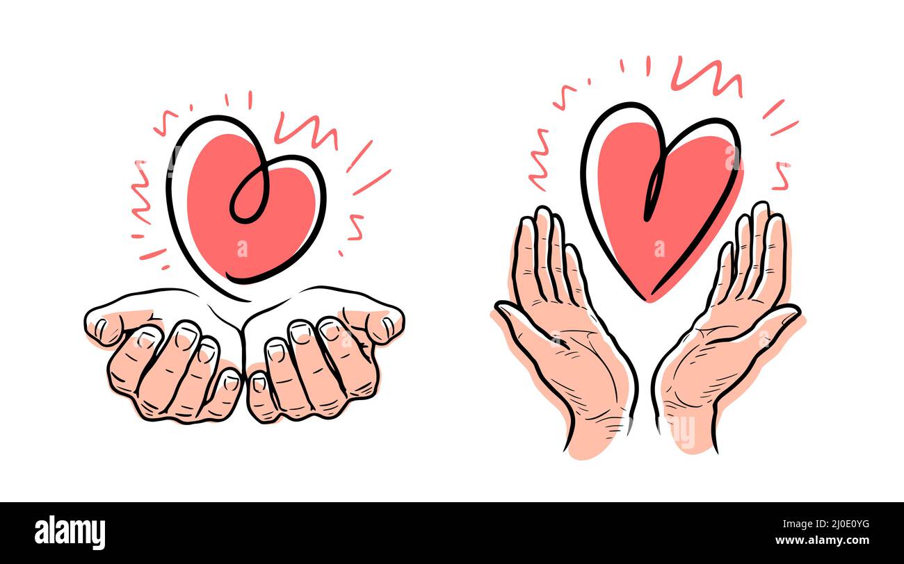 Heart in hands symbol. Charity, philanthropy emblem. Hand drawn vector illustration Stock Vector