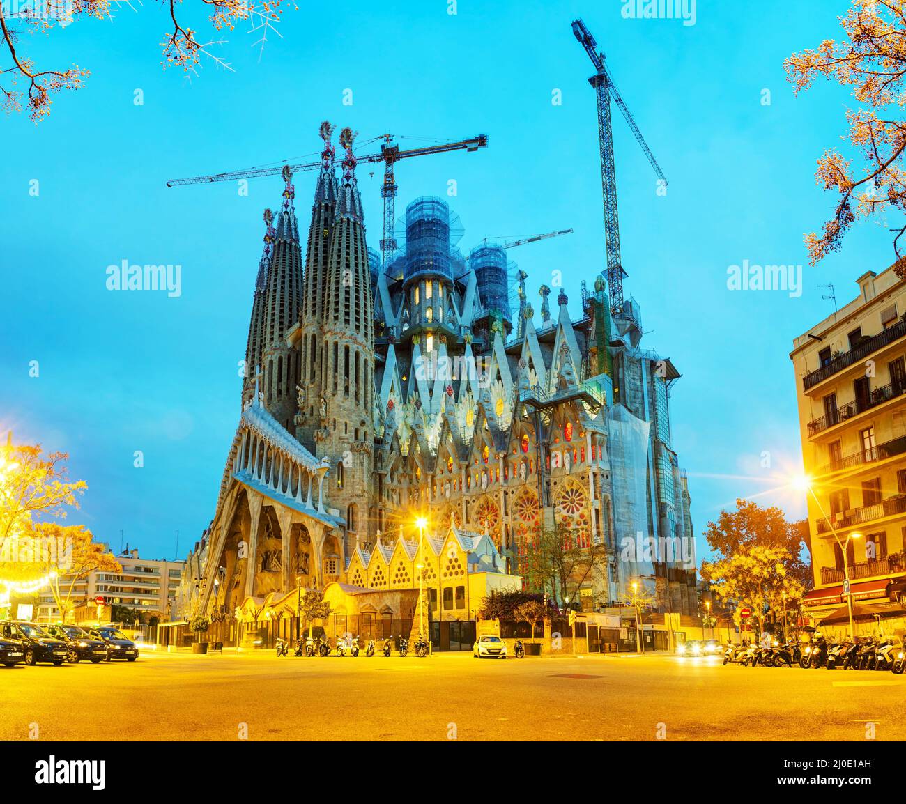 Overview with Sagrada Familia basilica at sunrise Stock Photo