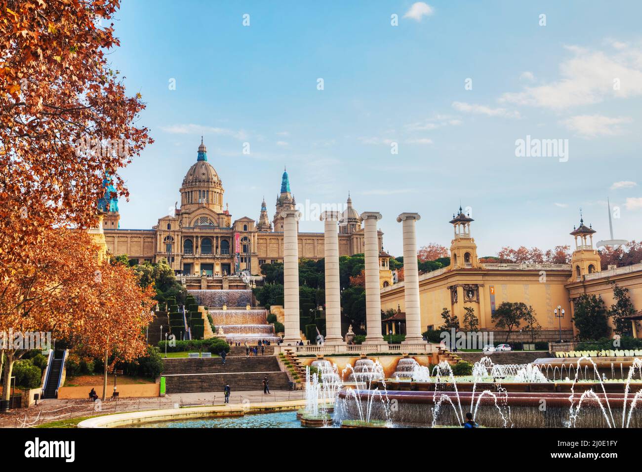 Montjuic hill with people on a sunny day Stock Photo
