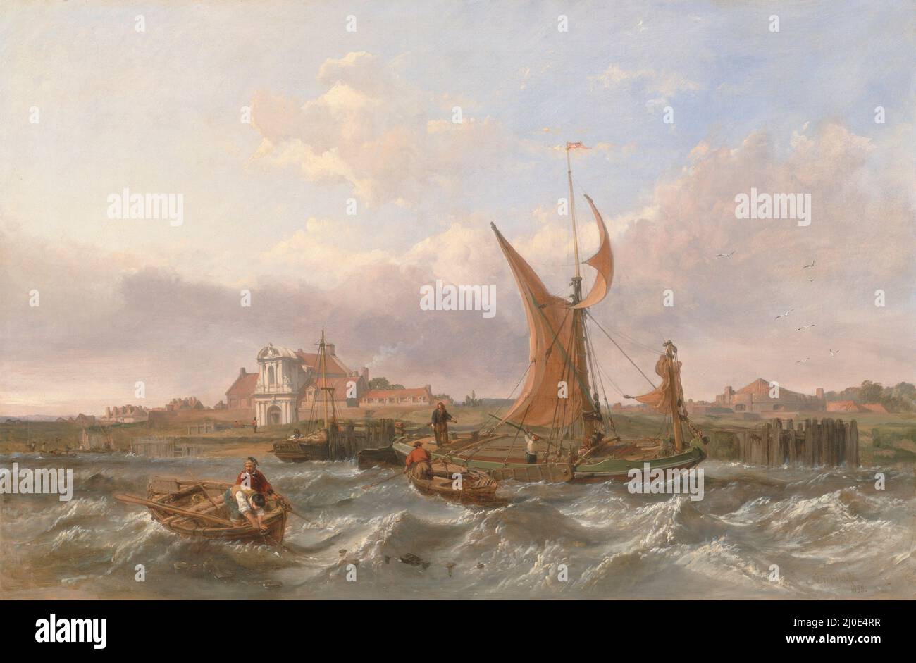 A Thames Barge running downwind off Tilbury Fort.  Formerly known as Tilbury Fort - Wind Against the Tide.  Clarkson Stanfield. 1853 Stock Photo
