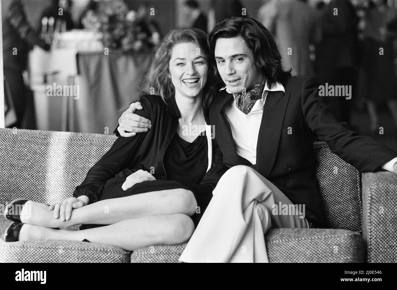 Jean-Michel Jarre with his wife Charlotte Rampling at a photocall and reception at the Intercontinental Hotel, Hyde Park. 30th November 1978. Stock Photo