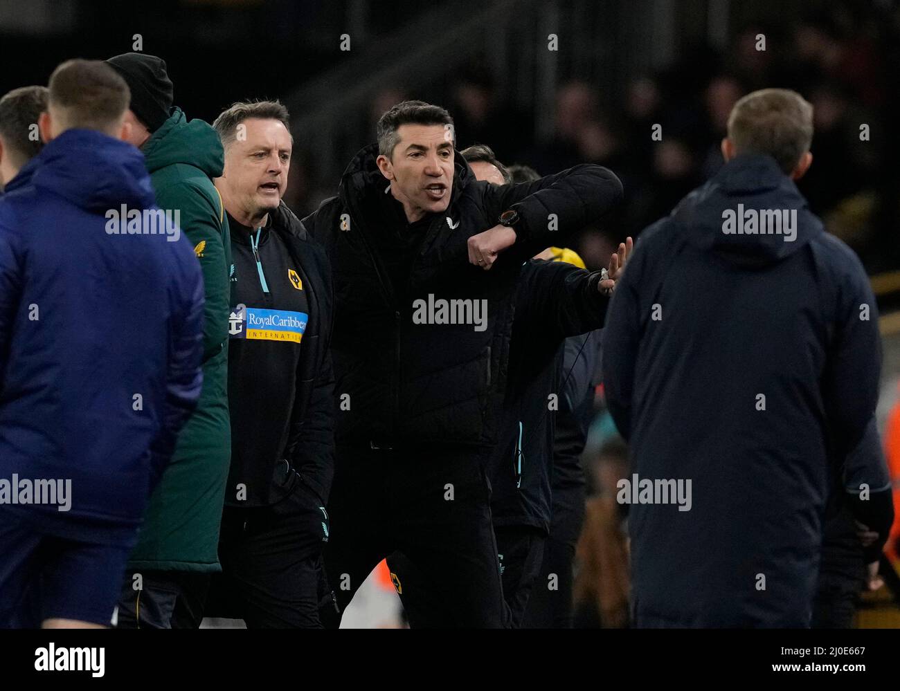 Wolverhampton, UK.18th March 2022.   Bruno Lage manager of Wolverhampton Wanderers claims a raised elbow was involved in the Jimenez and Meiler clash during the Premier League match at Molineux, Wolverhampton. Credit: Sportimage/Alamy Live News Stock Photo