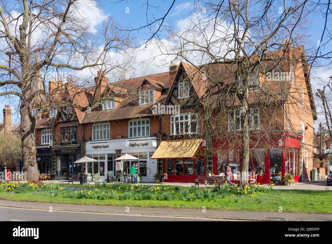Parade of restaurants in spring, Church Street, Weybridge, Surrey, England, United Kingdom Stock Photo