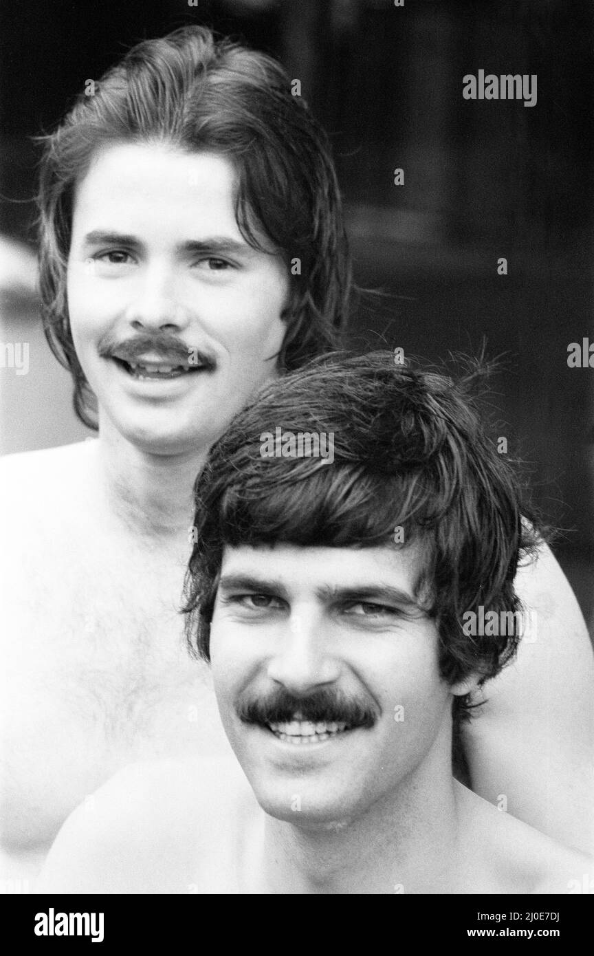 Mark Spitz, USA Olympic Champion, seven x gold medals at the 1972 Munich Olympic Games, pictured with David Wilkie, British Olympic Champion, 200 metre breaststroke 1976 Montreal Olympics. Photocall ahead of meeting in France to discuss 12 month schedule for Team Arena, pictured together in London, 19th April 1978. Stock Photo