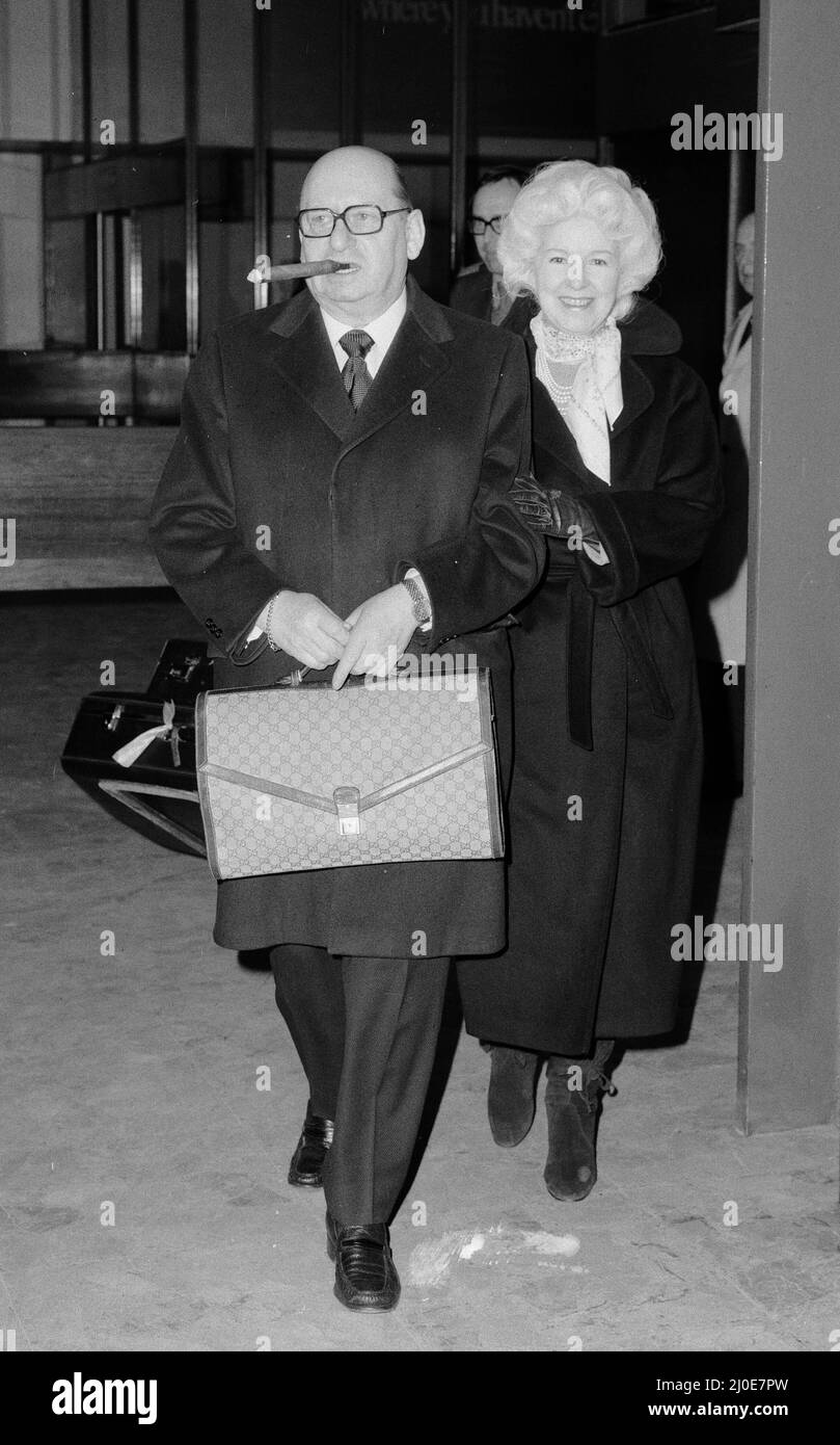 Media Mogul Lew Grade, head of ATV television, arrives at Heathrow Airport with his wife Lady Grade on return from Rome where he was honoured with the title of Commander of the Order of Silvester by the Pope in recognition of his religious films. 16th January 1979. Stock Photo