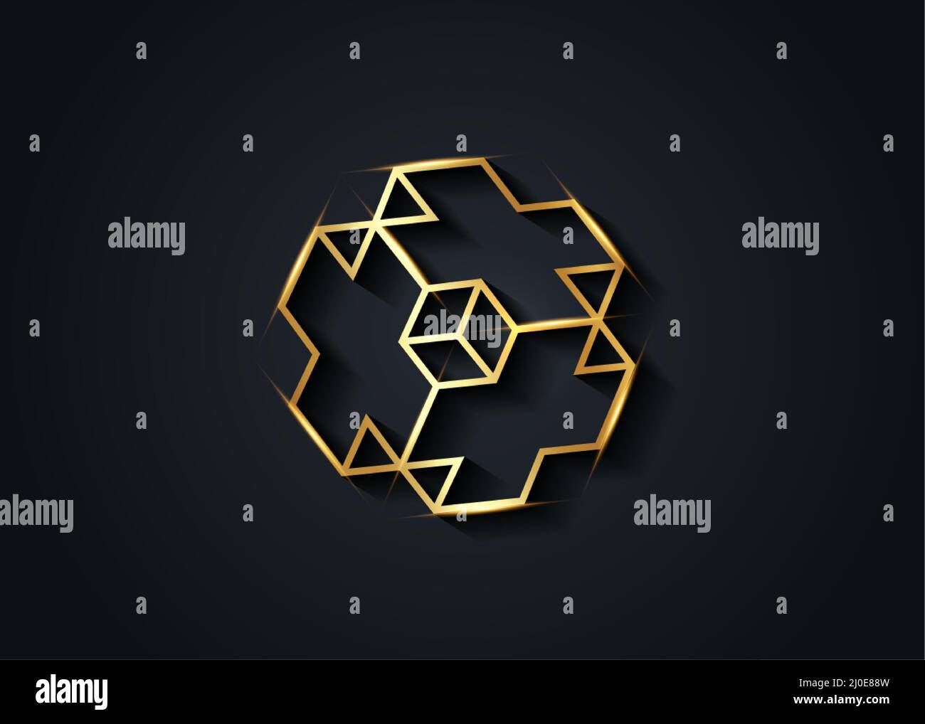 Gold 3D Necker cube cross icon. Golden luxury Isometric cube logo design template. Science, medicine or technological symbol. Vector business isolated Stock Vector