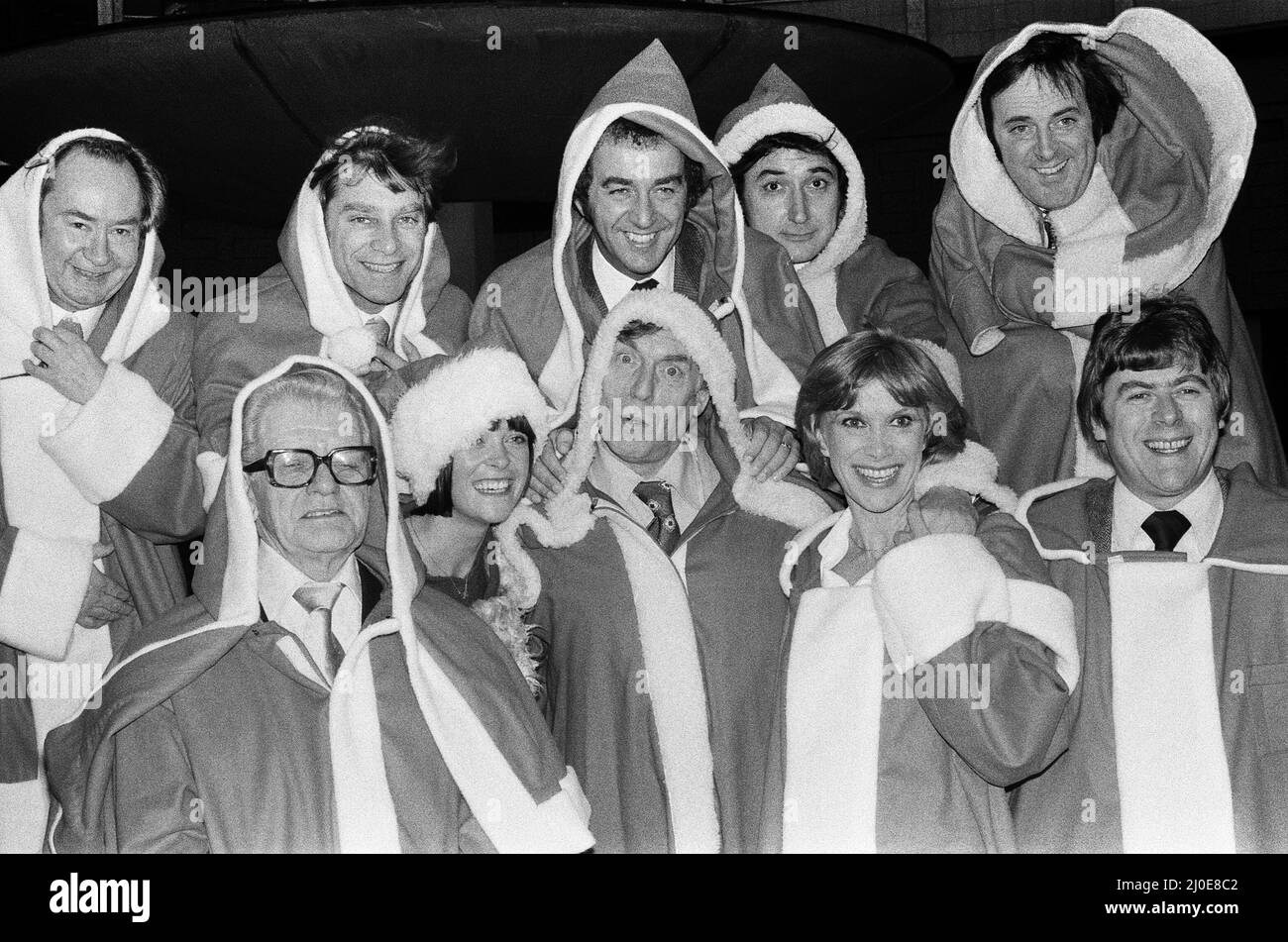 The BBC unveiled their stars for the Christmas season. And as usual, all the top names will be on the box during the holiday. Left to right, back: Peter Sallis, Jerry Stevens, Lenny Bennett, Bruce Montague, Terry Wogan. Left to right, front: Bill Owen, Isla St Clair, Larry Grayson, Wendy Craig, Mike Yarwood. 5th December 1979. Stock Photo