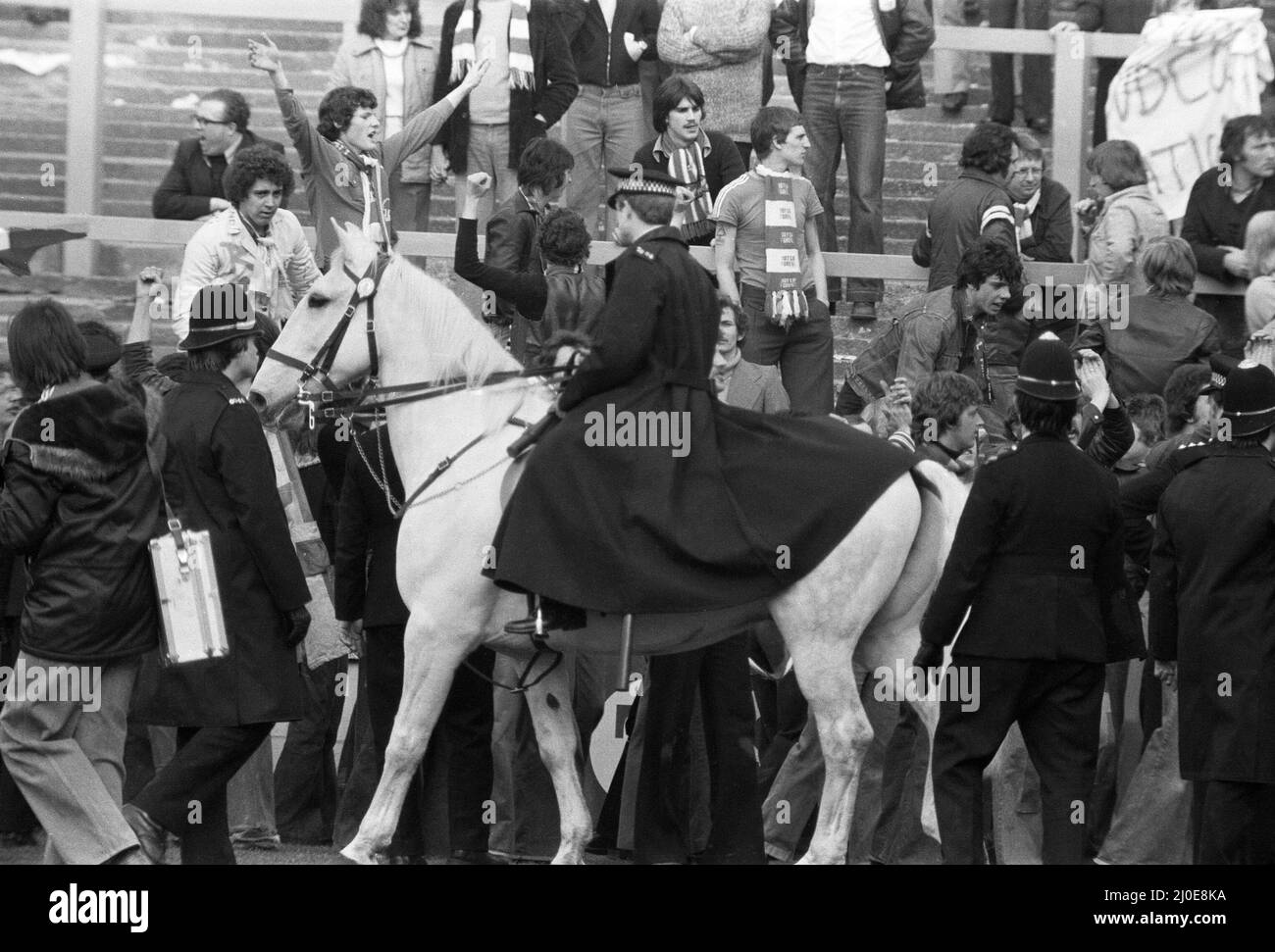 Coventry City v Nottingham Forest at Highfield Road. The game ended 0-0 and that point was enough for Nottingham Forest to take the title. (Picture) A policeman on horse tries to control the fans after the final whistle. 22nd April 1978 Stock Photo