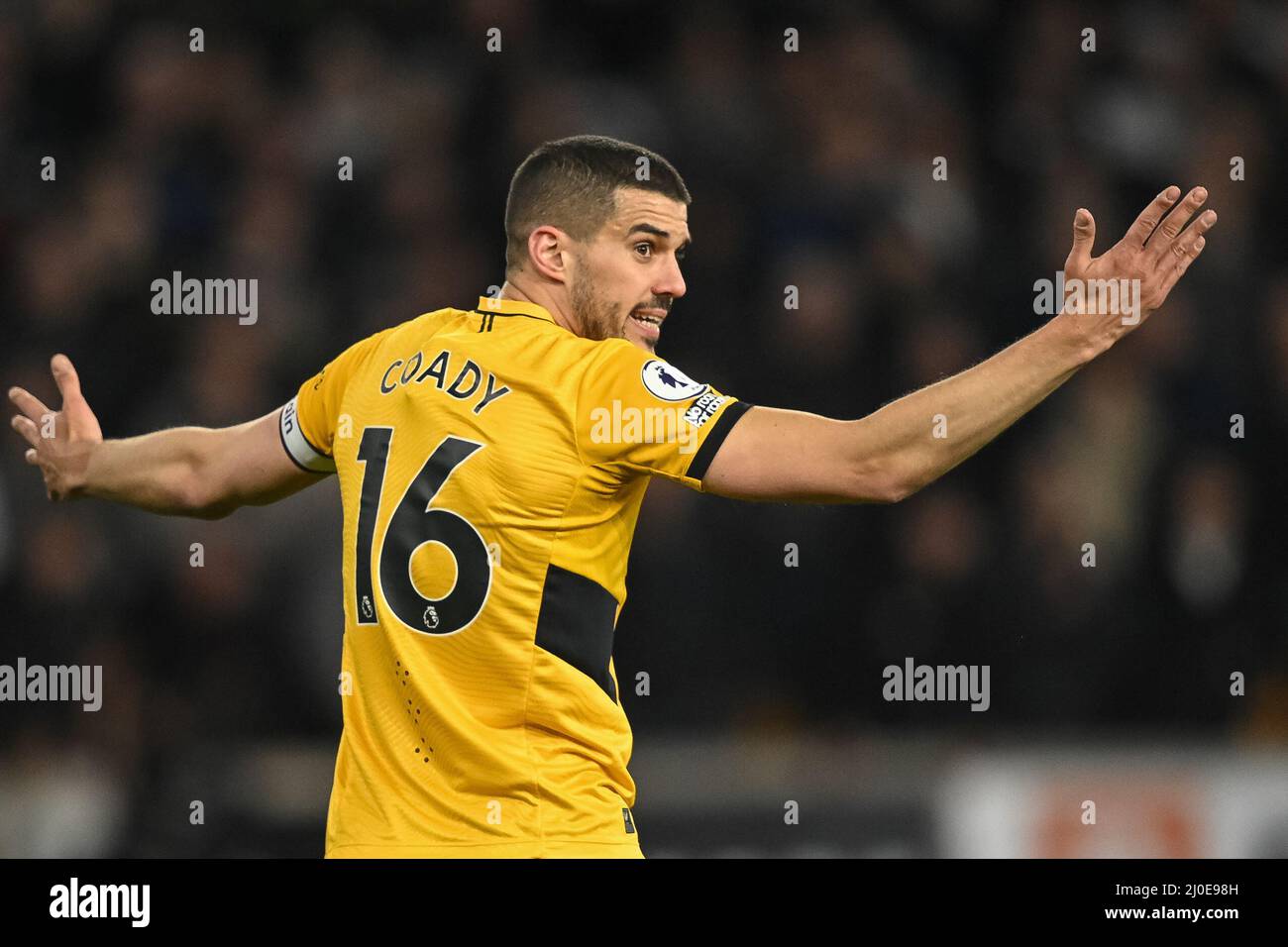 Wolverhampton, UK. 18th Mar, 2022. Conor Coady #16 of Wolverhampton Wanderers reacts during the game in Wolverhampton, United Kingdom on 3/18/2022. (Photo by Craig Thomas/News Images/Sipa USA) Credit: Sipa USA/Alamy Live News Stock Photo
