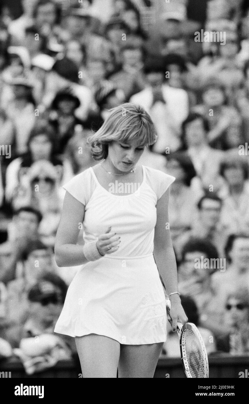 1978 Ladies Singles Final, Wimbledon, Chris Evert v Martina Navratilova, Wimbledon Tennis Championships , Friday 7th July 1978. Martina Navratilova wins in three sets (2?6, 6?4, 7?5)  Our Picture Shows ... Chris Evert on Centre Court, match action. Stock Photo