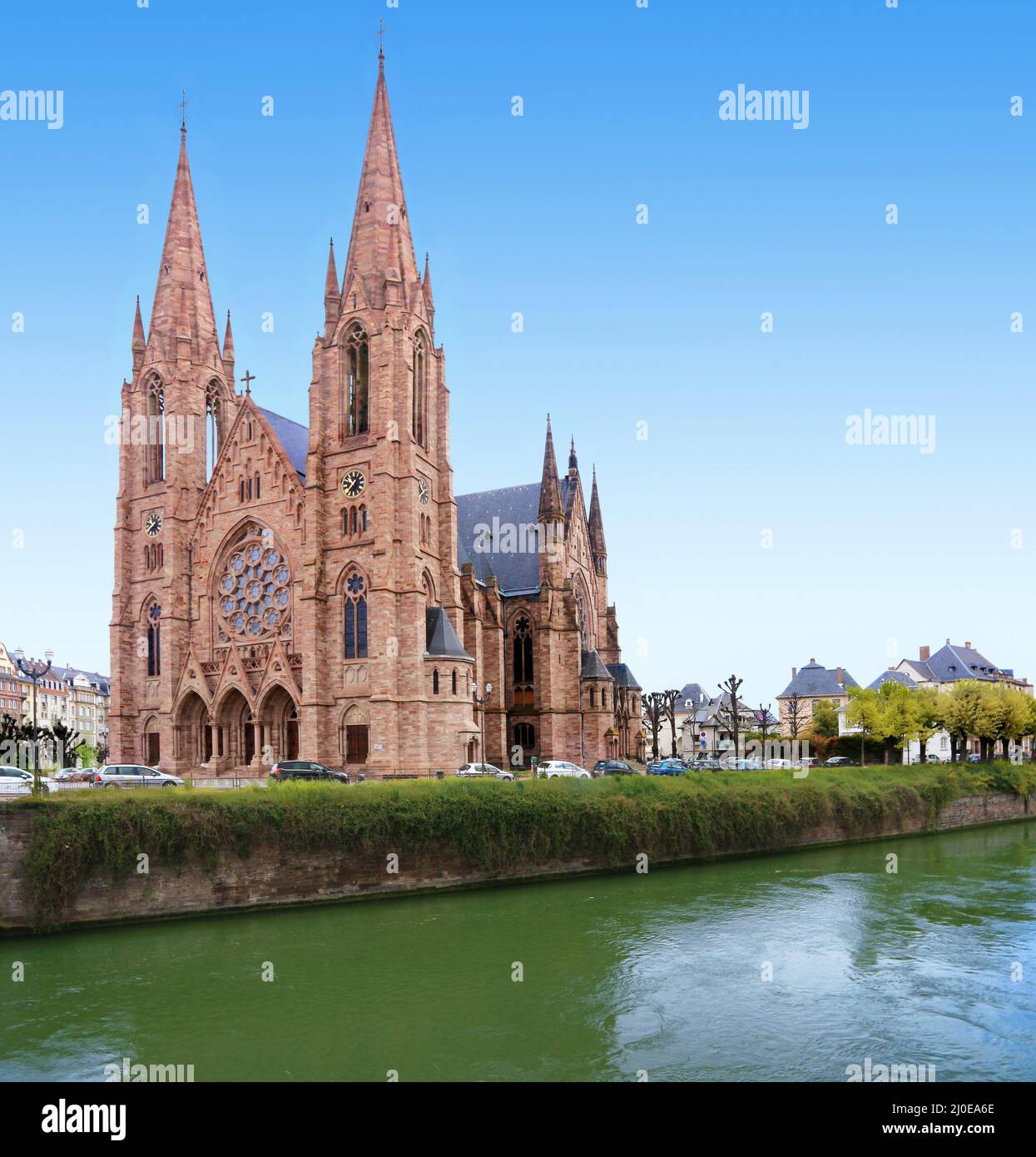 The Saint Paul de Strasbourg church on the edge of the ill. Stock Photo