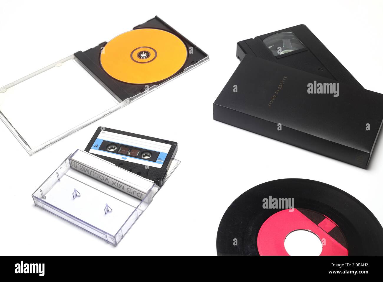 Vinyl record, cd, audio and video cassettes top view Stock Photo Alamy