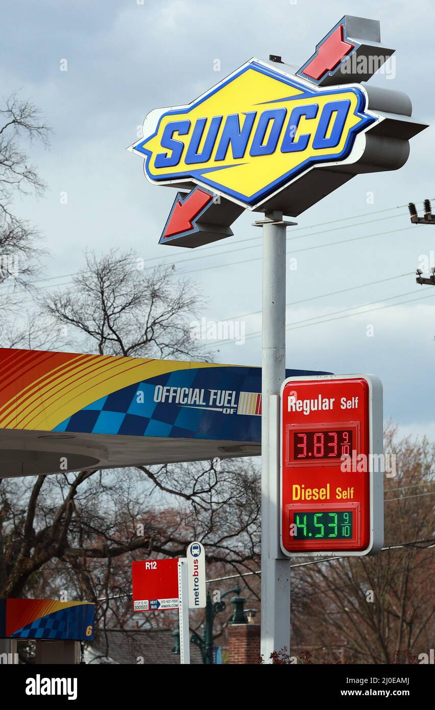 Bladensburg, MD, USA. 18th Mar, 2022. View of a Sunoco gas station sign as Maryland Governor Larry Hogan signs a bill pausing the gas tax in the state, suspending 36 cents per gallon gas tax for 30 days. Bladensberg, Maryland. March 18, 2022. Credit: Mpi34/Media Punch/Alamy Live News Stock Photo