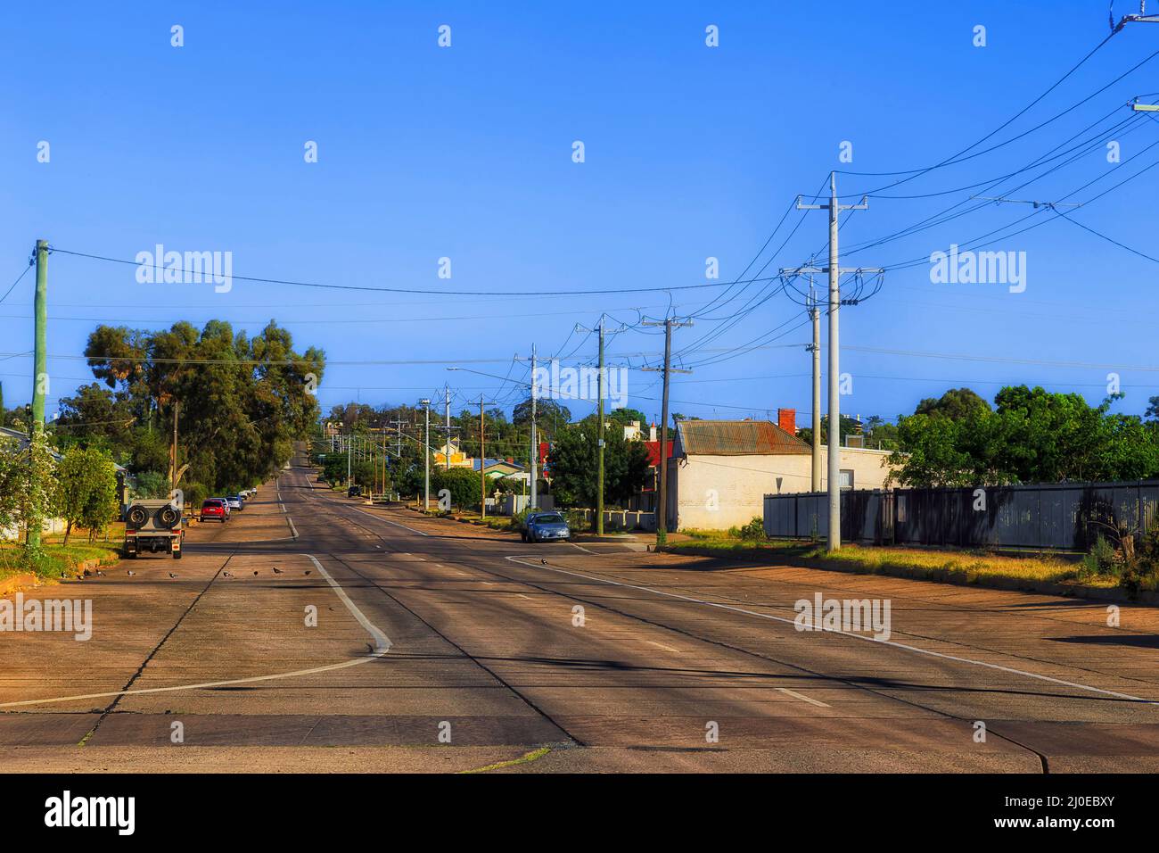 Empty wide Iodide street in Broken Hill Silver city downtown of old private property houses. Stock Photo