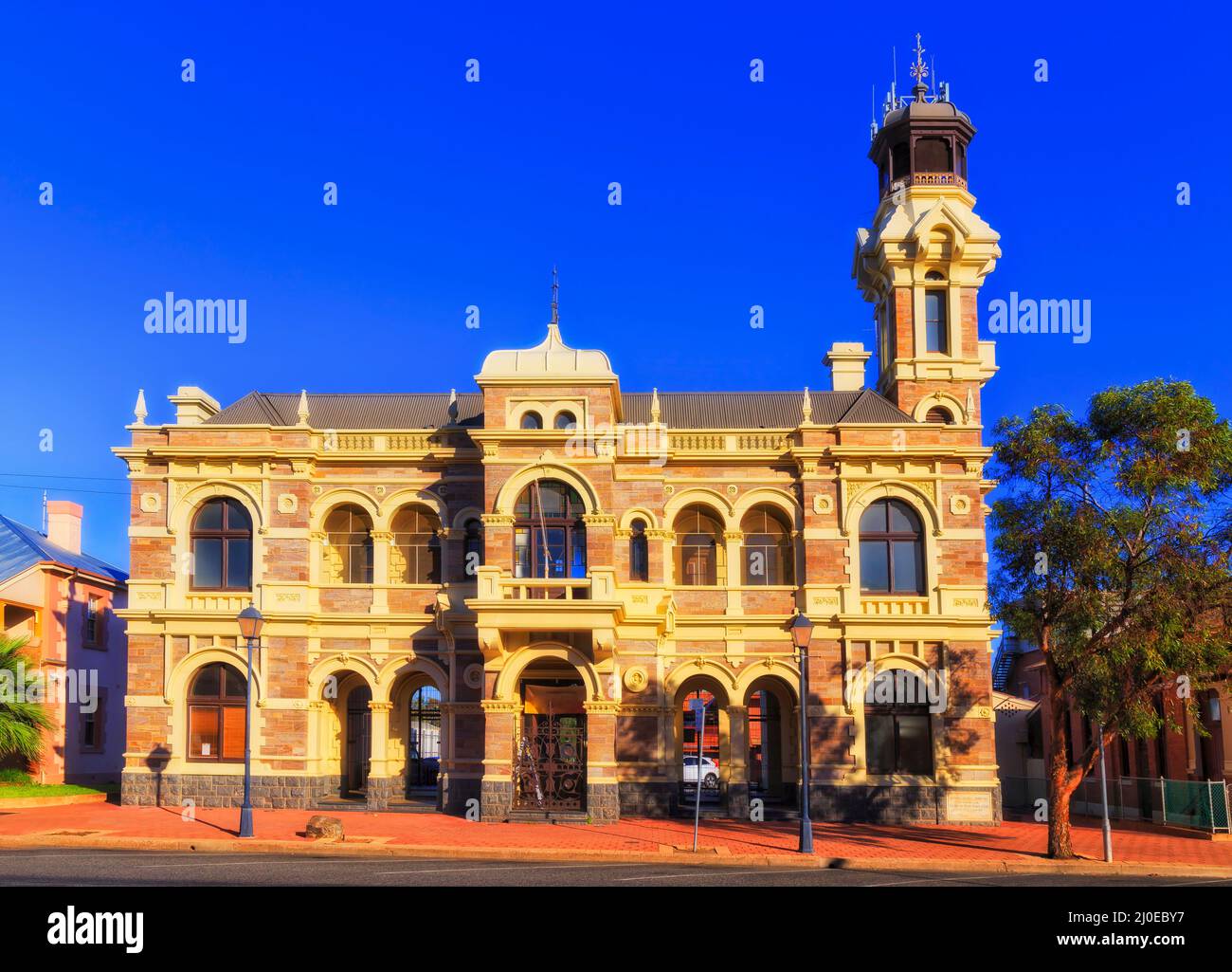 Historic heritage building of old town hall local government on Argent street in Broken hill city of australian outback. Stock Photo