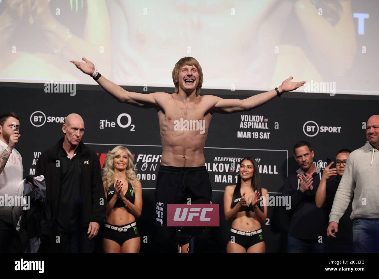 London, UK. 18th Mar, 2022. LONDON, UK - MARCH 18: Paddy Pimblett poses on  the scale during the UFC Fight Night 204: Volkov v Aspinall Weigh-In at The  O2 on March 18,