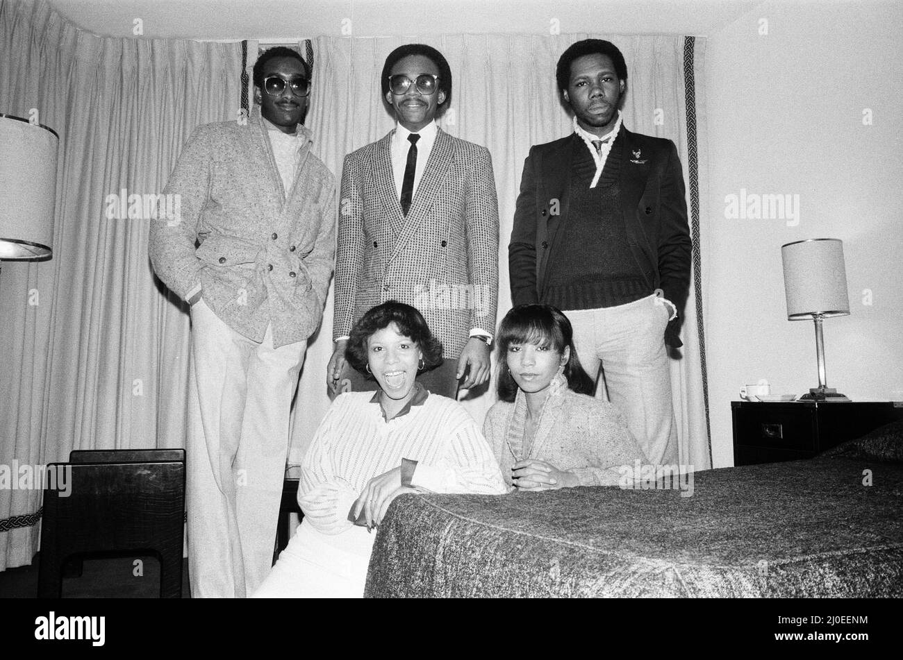 Chic, Music Group in the UK to promote their record Le Freak, currently at No7 in the charts. Pictured at their London Hotel, 18th January 1979. Left to Right Top, Tony Thompson, Bernard Edwards, Nile Rodgers, Bottom, Alfa Anderson and Luci Martin. Stock Photo