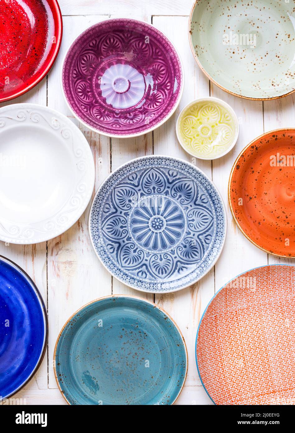 Set of different empty plates Stock Photo