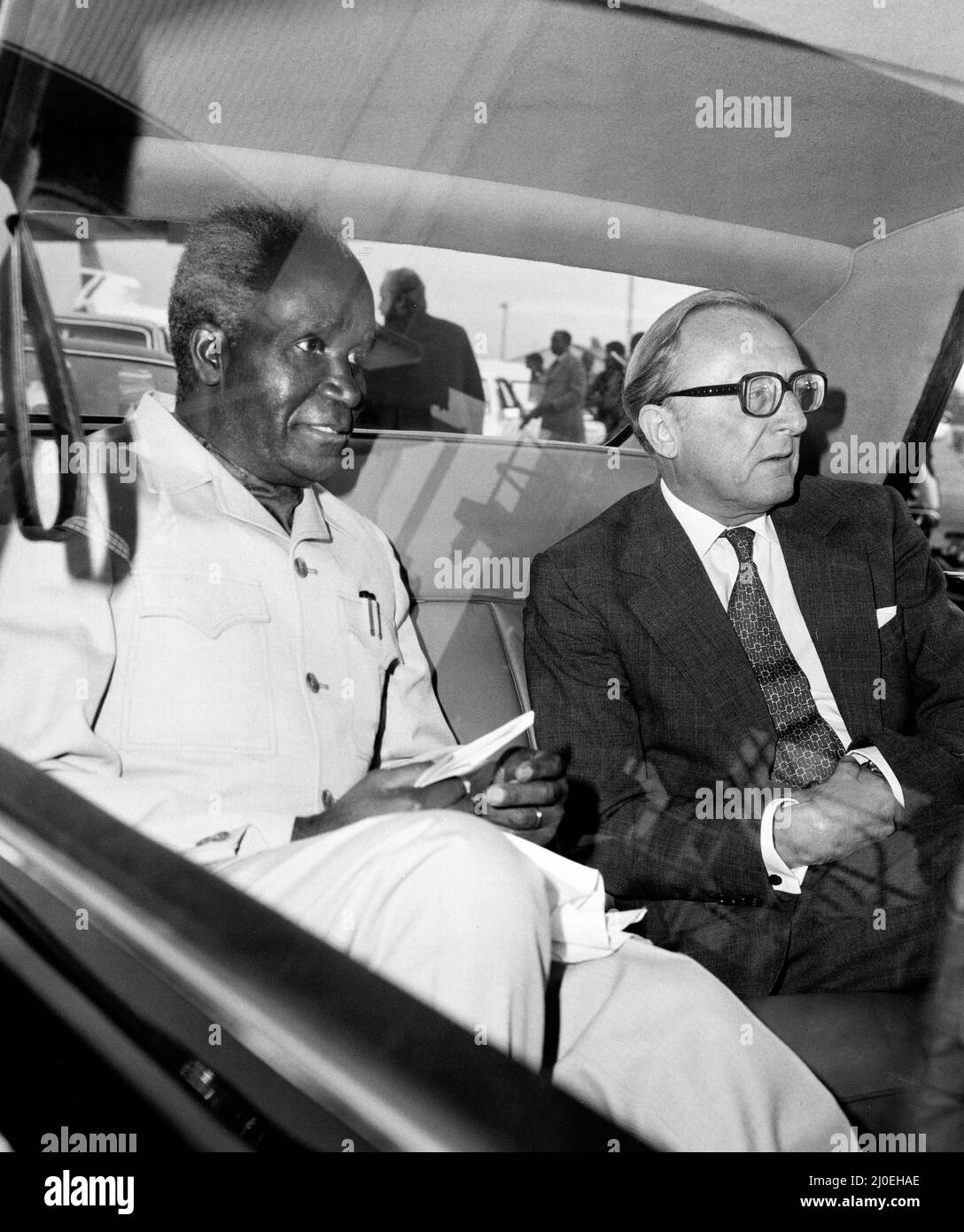 President Kaunda of Zambia is greeted by Foreign Secretary Lord Carrington as he arrives at