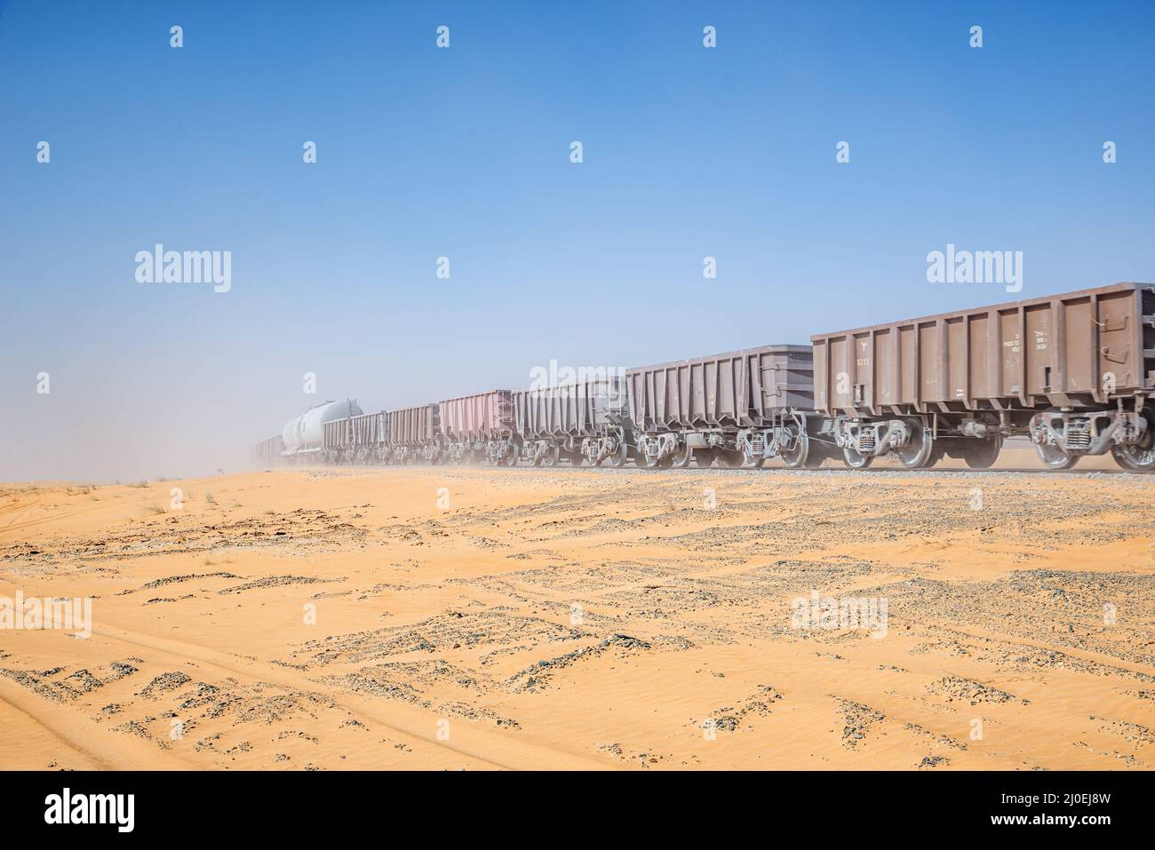 Freight cars of the longest train in the world crossing the desert in