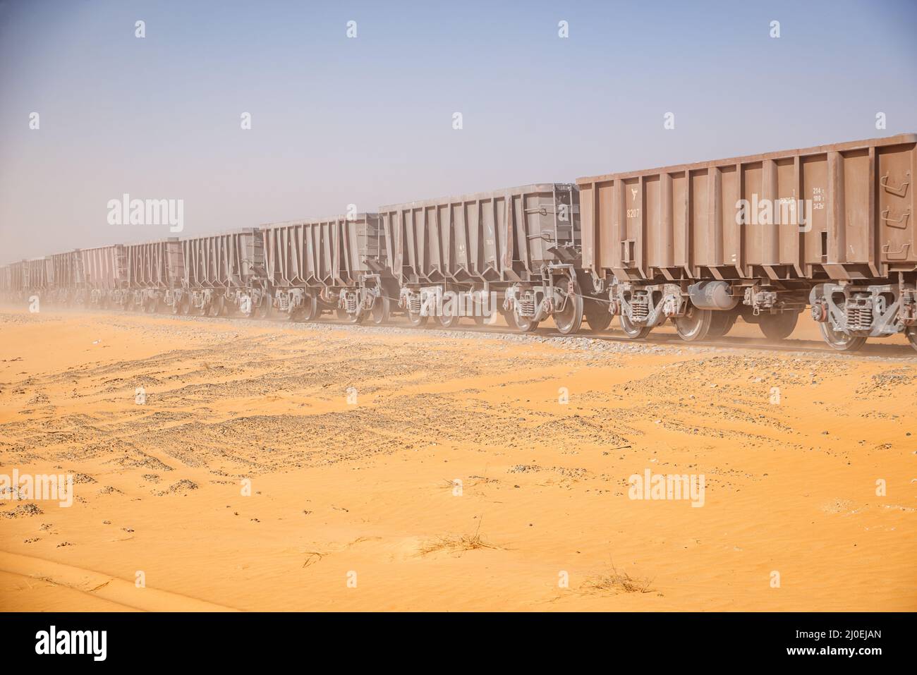 Freight cars of the longest train in the world crossing the desert in
