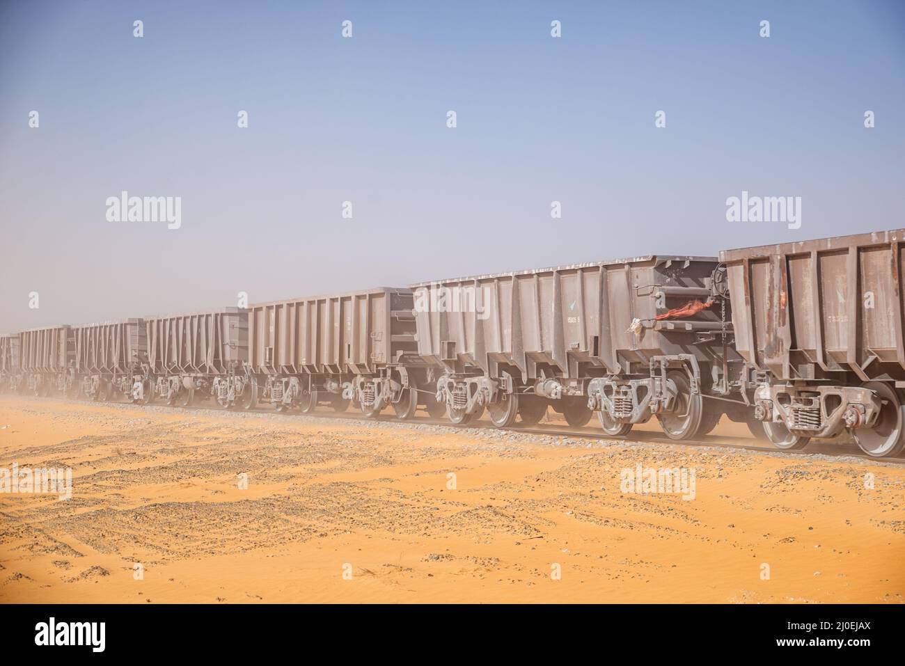Freight cars of the longest train in the world crossing the desert in