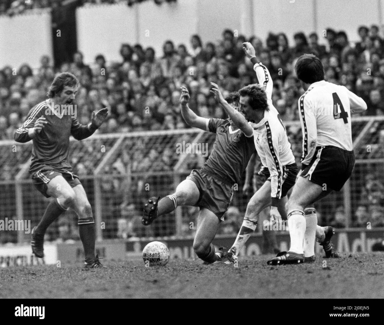 Tottenham Hotspur 1-2 Middlesbrough, Division One match at White Hart Lane, Saturday 7th April 1979. John Mahoney Middlesbrough Football Player (left) clears the ball from Terry Naylor and Jim Holmes (right) Stock Photo