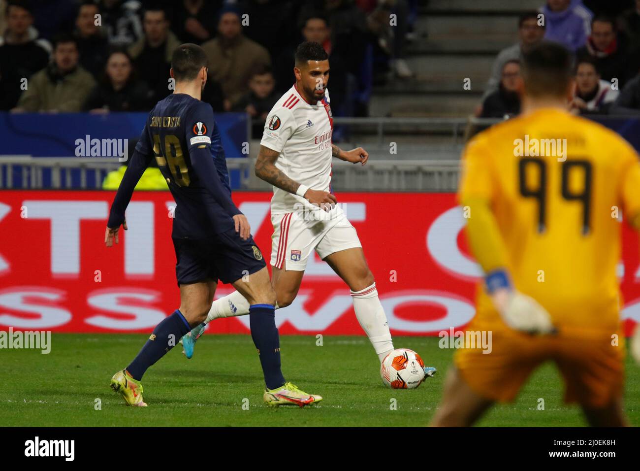 EMERSON of Lyon and Bruno COSTA of Porto and Diogo COSTA of Porto during the UEFA Europa League, Round of 16, 2nd leg football match between Olympique Lyonnais (Lyon) and FC Porto on March 17, 2022 at Groupama stadium in Decines-Charpieu near Lyon, France - Photo Romain Biard / Isports / DPPI Stock Photo
