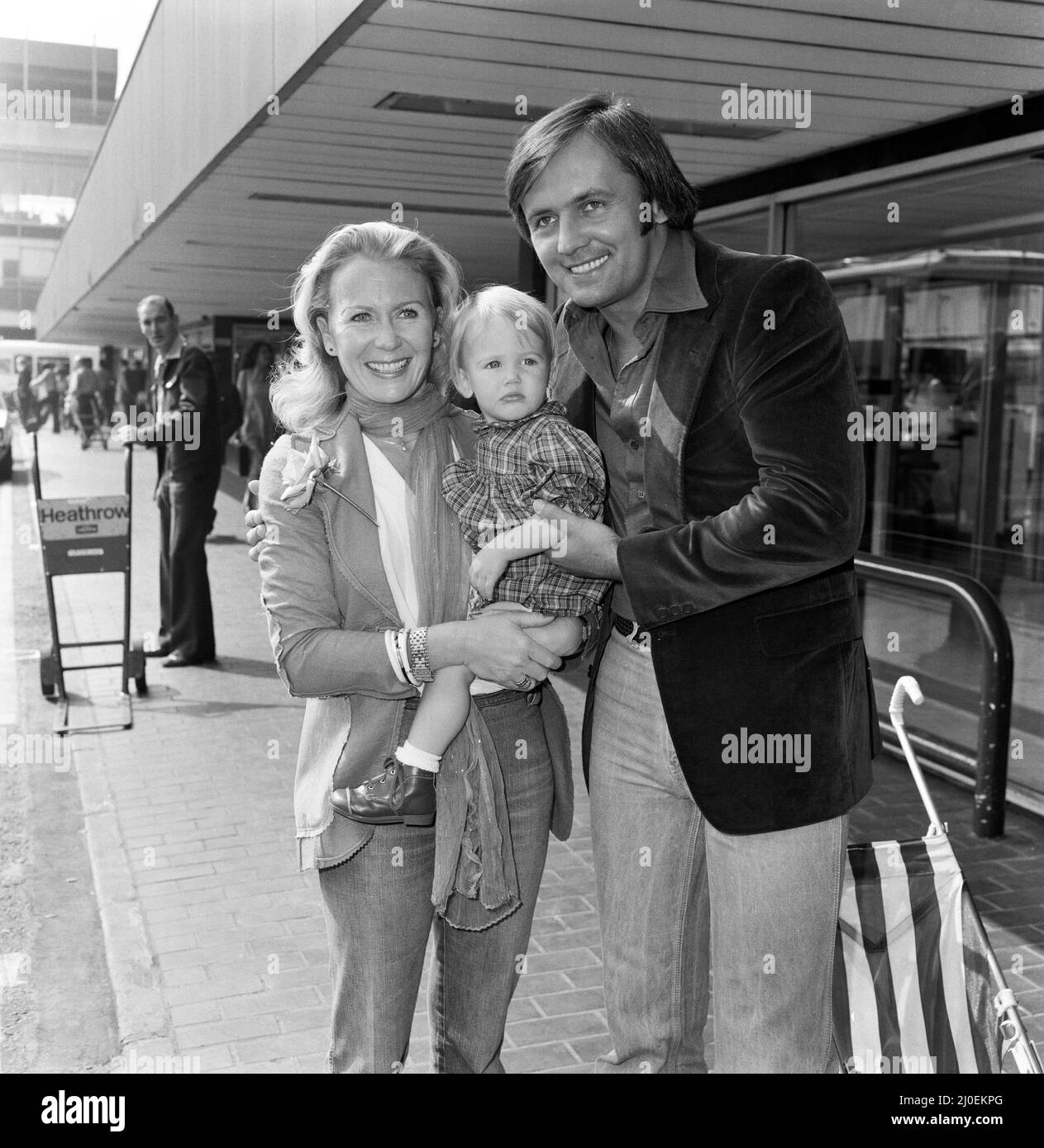 Juliet Mills with her daughter Melissa, aged one, and her husband Michael Miklenda leaving Heathrow Airport for New York. They have been here for a holiday, visiting Juliet's parents. 5th July 1979. Stock Photo