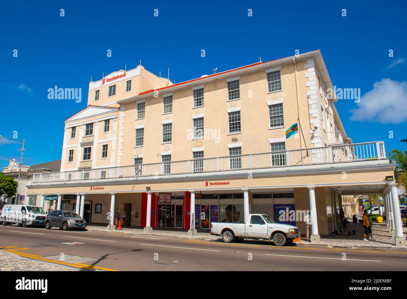 Scotia Bank in a historic commercial building on Bay Street in historic downtown Nassau, New Providence Island, Bahamas. Stock Photo