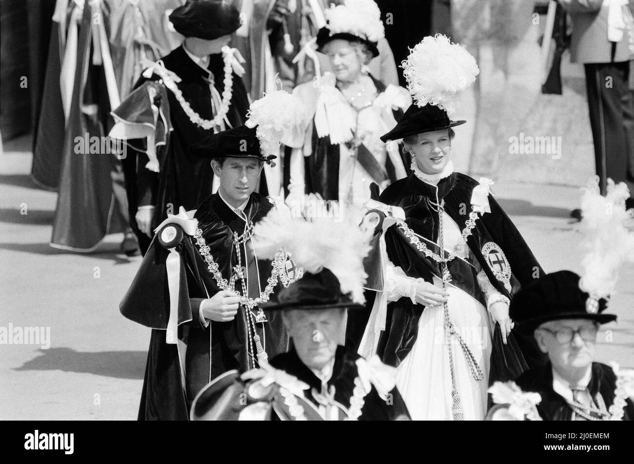 His Royal Highness The Price of Wales escorts Her majesty Margrethe II Queen of Denmark at the Order of the Garter service. 16th June 1980. Stock Photo