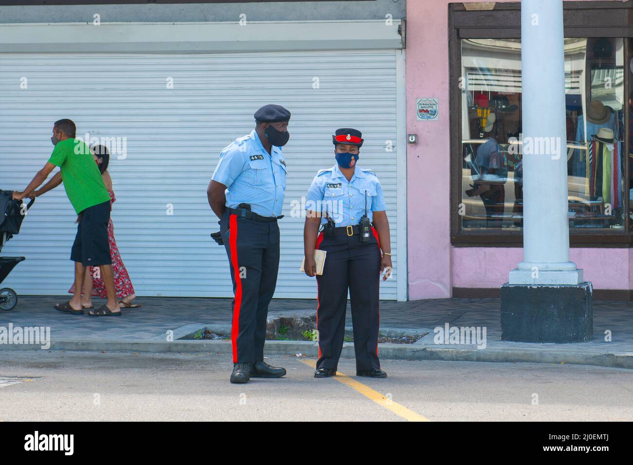 Police on duty on Bay Street in historic downtown Nassau, New