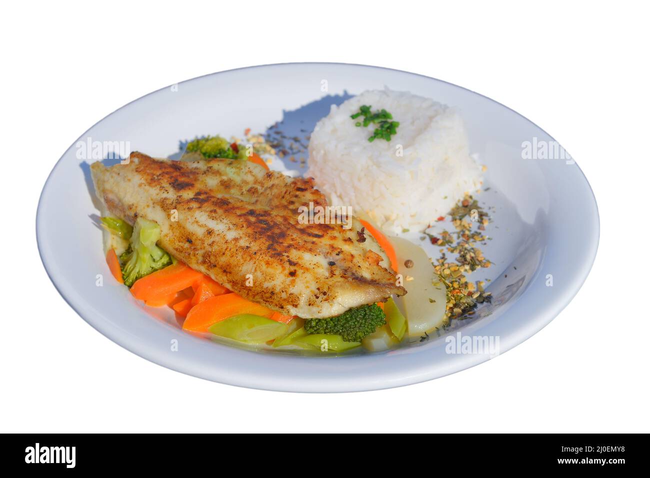 Tilapia with rice and vegetables as a side Stock Photo Alamy