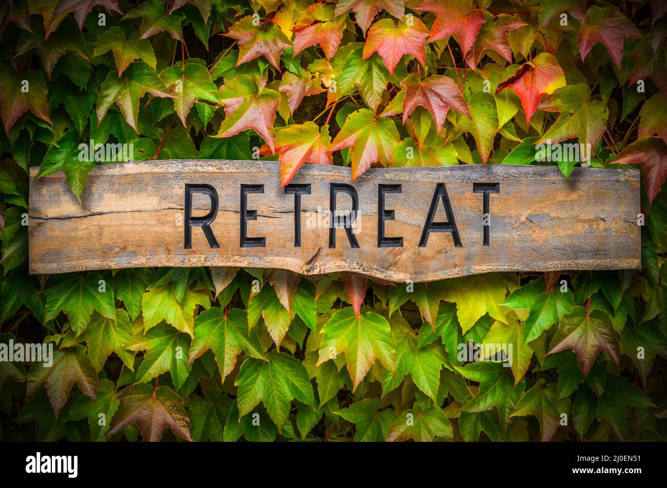 Rustic Wooden Spiritual Retreat Sign Stock Photo