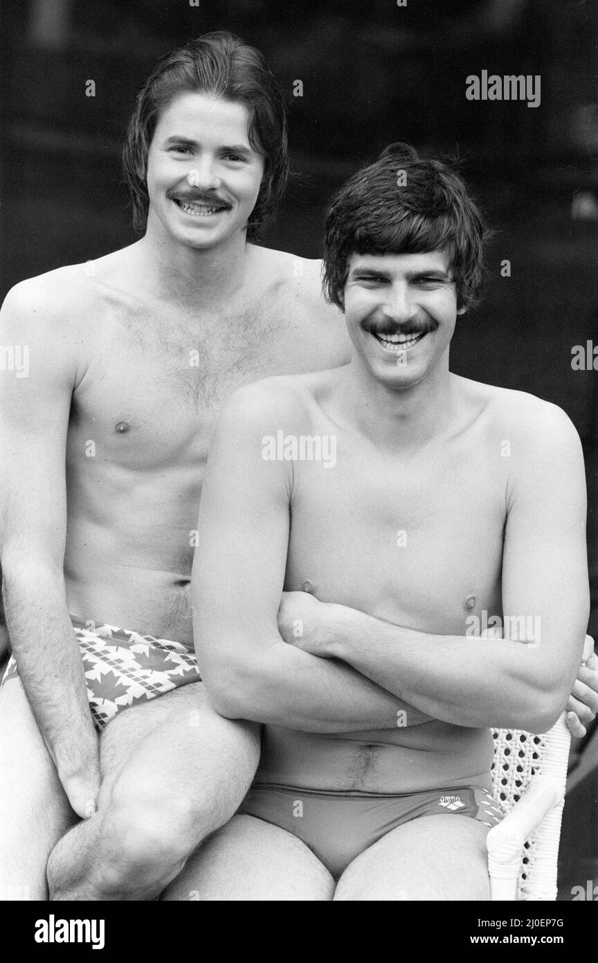 Mark Spitz, USA Olympic Champion, seven x gold medals at the 1972 Munich Olympic Games, pictured with David Wilkie, British Olympic Champion, 200 metre breaststroke 1976 Montreal Olympics. Photocall ahead of meeting in France to discuss 12 month schedule for Team Arena, pictured together in London, 19th April 1978. Stock Photo